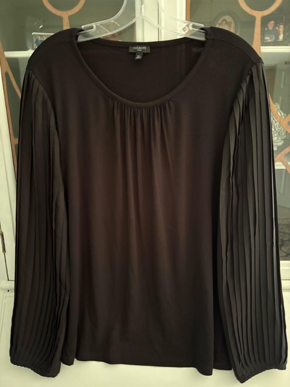 Talbots Black Long-Sleeve Top with Pleated Chiffon Sleeves
